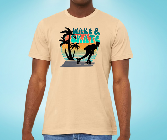 Beachy sunrise with silhouette of palm trees and inline speed skater with the words Wake & Skate